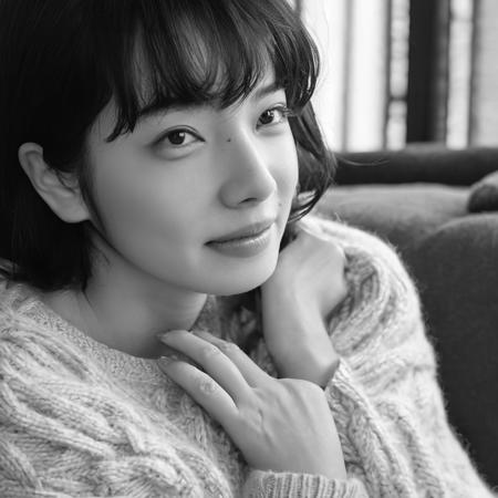 28555-1743373349-A professional photogragh of a woman waering a sweater in a warm bedroom looking satisfied, black and white, closeup, komatsu na.png